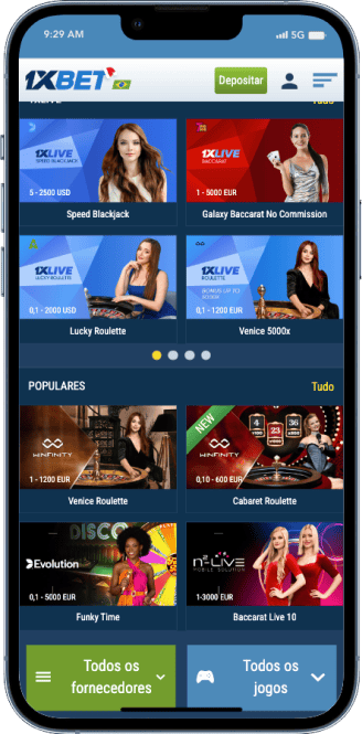 Tela com os jogos de cassino na 1xBet