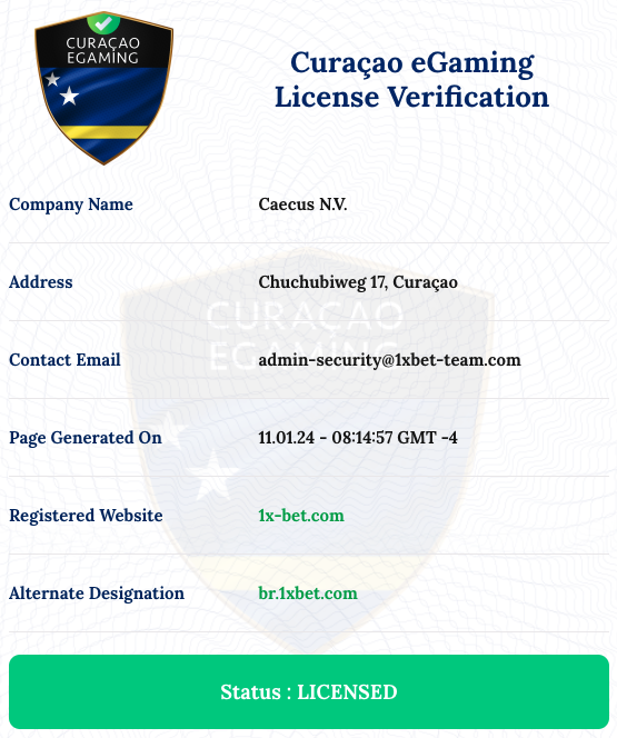 Validação da licença da 1xBet