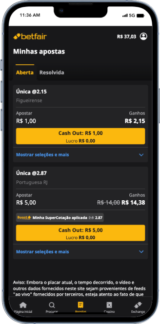 Exemplo de cash out na Betfair